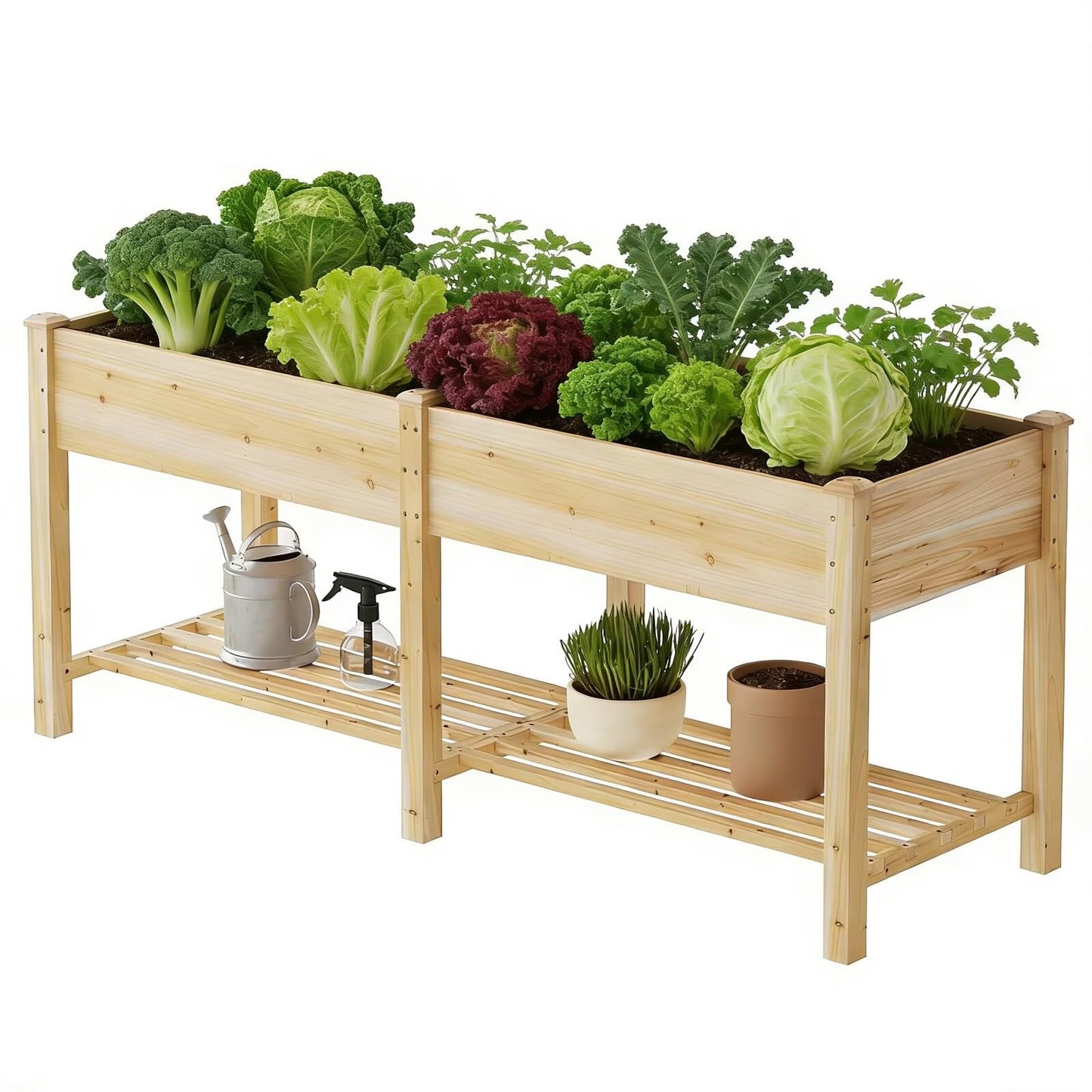 PULIJIAJU 72x24x30.5in Raised Garden Bed Elevated Wood Planter Box with Shelf Garden Planter with Legs for Backyard, Patio, Balcony w/Divider Liner, 300lb Capacity -(Natural)