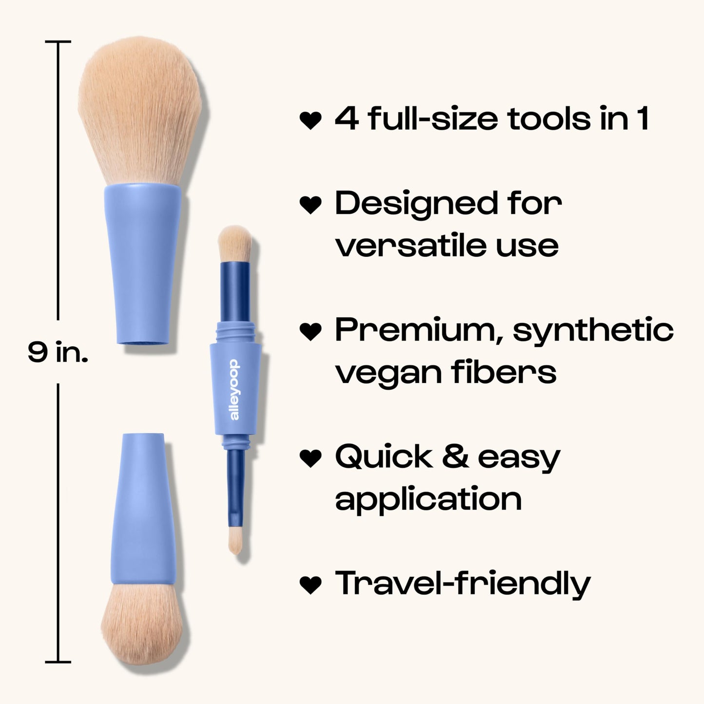 Alleyoop Multi-Tasker 4-in-1 Travel Makeup Brush Set – Compact Makeup Brushes with Blending Sponge, Eyeshadow, Eyebrow & Liner, Blush & Bronzer Brush – Mini Makeup Tools Kit for Women, Vegan