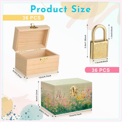 CroBlissful 36 Set 72 Pcs Unfinished Wooden Box with Hinged Lids and Mini Padlock Locks with Keys Unfinished Wood Treasure Chest Box for Craft Gift Jewelry Desktop Storage (Classic)
