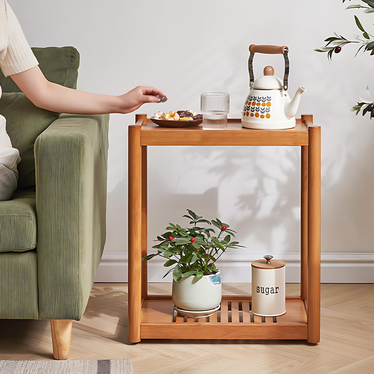 Cttasty Side Table, Solid Wood Narrow End Table with Storage Shelf and Wheels, 2-Tier Sofa Table for Living Room, Rubber Wood Indoor Plant Stand, 26.8 H x 11.8 W x 19.7 D Inches (Natural)