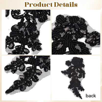 CABODYALS 2Pcs Black Floral Rhinestone Applique Handmade 3D Flower Pearl Beaded Lace Trim Appliques Crystal Bead Embroidery Sew on Tulle Pathes for Sewing Making Dresses Bridal Wedding Gowns Clothes