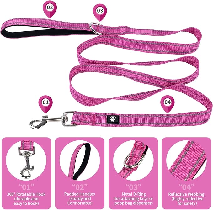 NESTROAD Dog Collar and Leash Set,Reflective Dog Collars with Quick Release Buckle,Adjustable Nylon Pet Collar for Small Medium Large Dogs(Large,Fuchsia Pink)