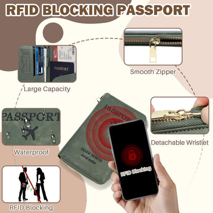 Playexen RFID Blocking Passport Wallet, Anti Theft PU Leather Passport Pouch with Tracker Case, Travel Document Organizer Zipper Wallet with Wrist Strap, Gifts for Women and Men (Green)