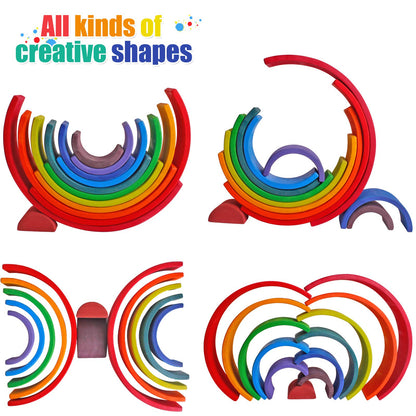 Dinhon Wooden Rainbow Stacking Toys, 12 Pcs Wood Building Blocks Set Wooden Building Blocks Nesting Puzzles, Early Matching Educational Learning Montessori Toys for Kids 3 4 5 6 Years and Up