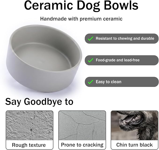 MateeyLife Ceramic Dog and Cat Bowls with Stand, 2-Pack Food and Water Bowl Set - Non-Slip Pet Bowls for Cats,Puppies and Small Dogs, 13.5OZ（Grey）