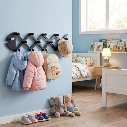 Sonarvelife Accordion Wall Hanger with 15 Pegs, Wooden Expandable Hat Rack for Wall, 2-in-1 Fish Shape Decorative Wall Mount Coat Rack for Entryway, Hallway & Mudroom