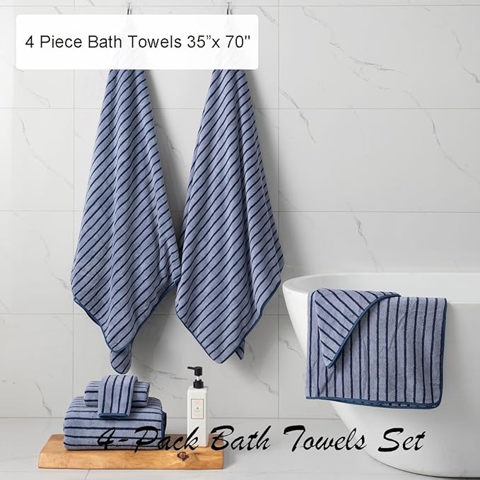 Oliven 4 Piece Navy Cabana Stripe Large Bath Towels Oversized Bath Sheet Super