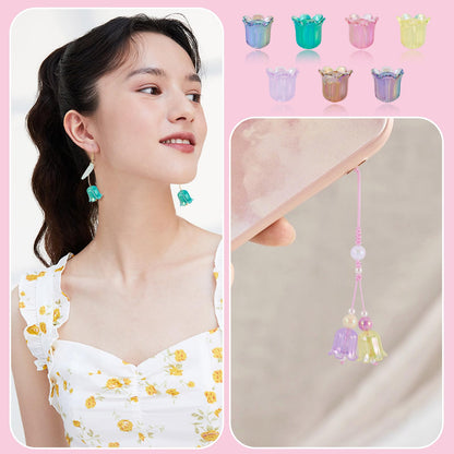 FASHEWELRY 50Pcs Acrylic Flower Beads Caps, Iridescent Colorful Transparent Lily Tulip Flower Bell Beads for DIY Tassel Earring Wind Chimes Craft Jewelry Making