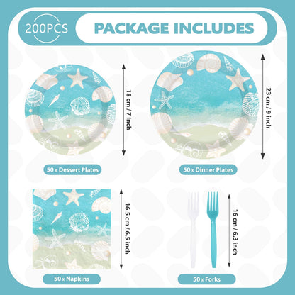 Greencian 200Pcs Seashell Beach Party Decorations Beach Seashell Starfish Plates and Napkins Disposable Ocean Themed Party Tableware Sets for Birthday Baby Shower Wedding Supplies Serves 50