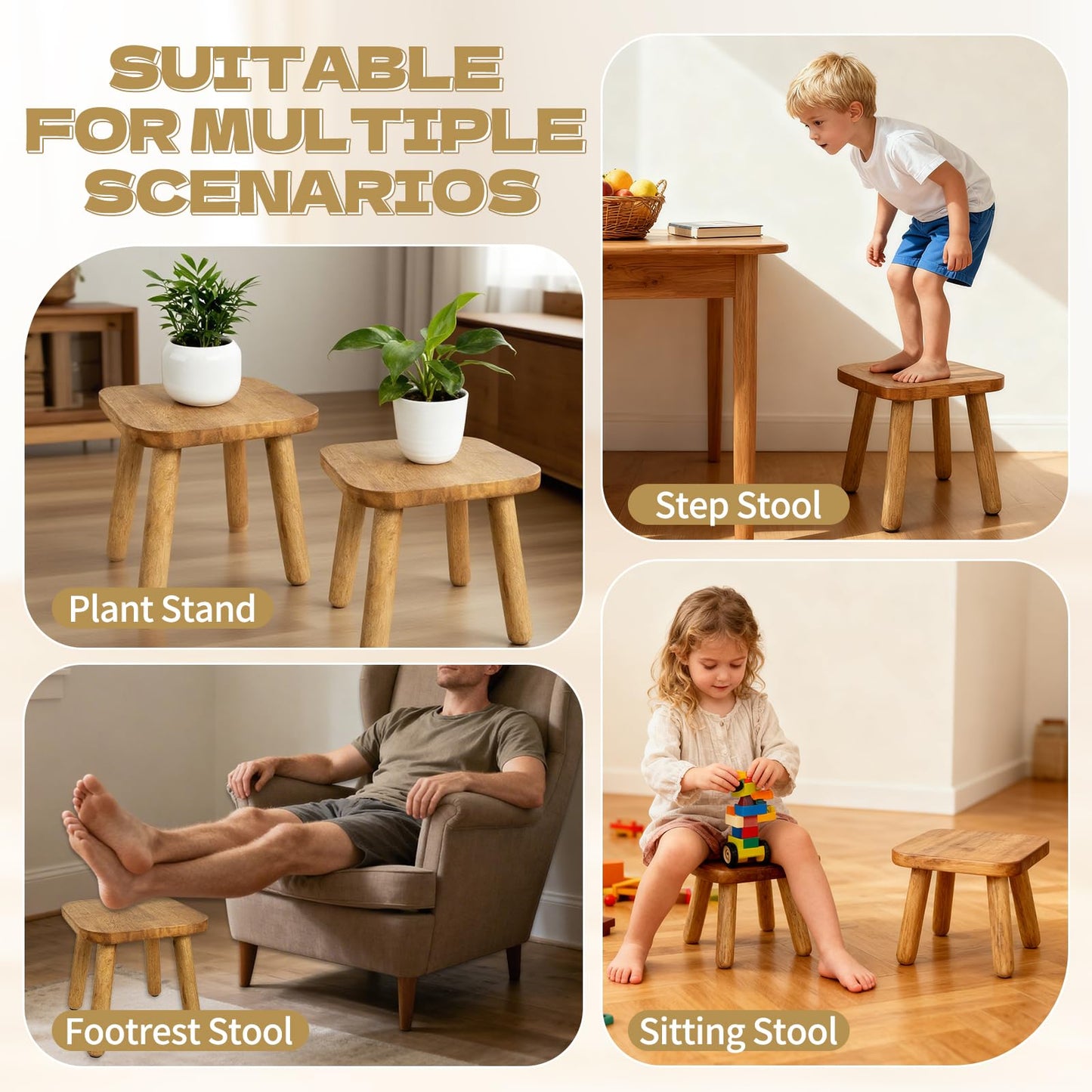 YEXEXINM 2 Pack Small Wooden Step Stools 9 Inch, Non-Slip One Step Stool Holds 300 lbs, Sturdy Bathroom Stool Plant Stand Square Footstool for Bedroom, Bathroom, Nursery, Easy Assembly