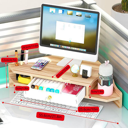 KUAIYU Triangle Monitor Stand Riser,Cut Triangle Save Space Desktop Corner,Desktop corner shelf with drawers wooden computer stand with storage laptop risers office organization. (Have drawers)
