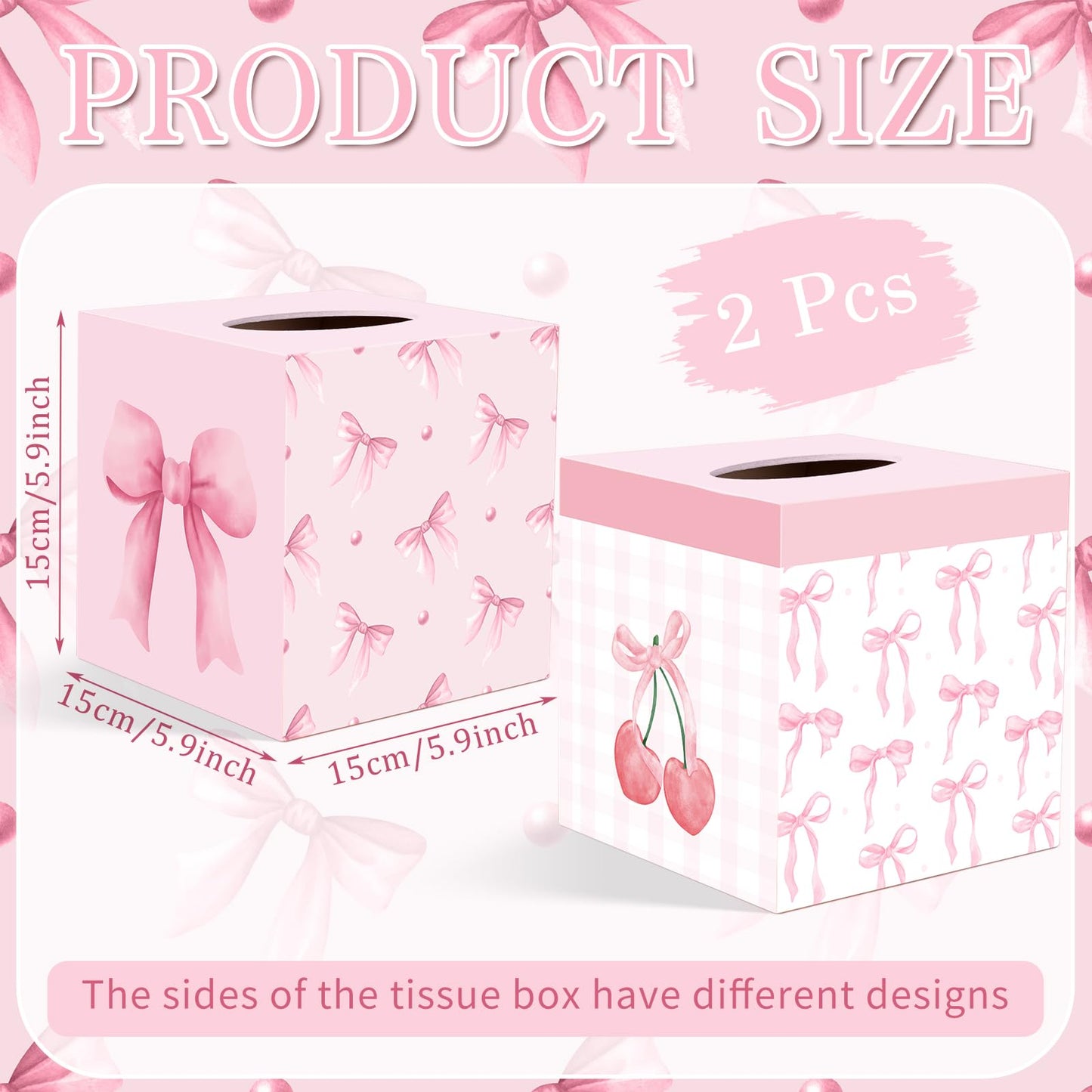 2 Pcs Pink Bow Tissue Box Cover 5.9 x 5.9 x 5.9 Inch Wooden Coquette Bow Decorative Tissue Box Holder Square Paper Towel Holder Cube Boxes Funny Cube Case for Home Pink Party Decorations Supplies