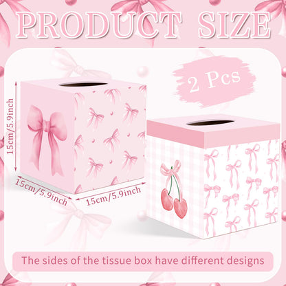 2 Pcs Pink Bow Tissue Box Cover 5.9 x 5.9 x 5.9 Inch Wooden Coquette Bow Decorative Tissue Box Holder Square Paper Towel Holder Cube Boxes Funny Cube Case for Home Pink Party Decorations Supplies