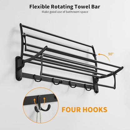 BESy 24 Inch Matte Black Towel Racks, Bathroom Towel Shelf with Foldable Towel Bar Holder and Towel Hooks, Wall Mounted Multifunctional Bathroom Accessories, Double Towel Bars