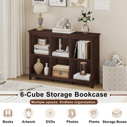 BON AUGURE 6 Cube Storage Organizer Book Shelf, Horizontal Bookshelf with Round Corners, Rustic Low Wooden Bookcase for Living Room, Bedroom, Office - Brown Cherry, 43" Wide