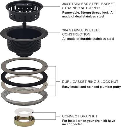 3-1/2 Inch Matte Black All Stainless Steel Kitchen Sink Drain Strainer Assembly