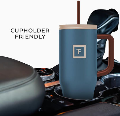IRON °FLASK Co-Pilot Insulated Mug w/Boot, Straw & Flip Cap Lids - Cup Holder Bottle for Hot, Cold Drink - Leak-Proof - Water, Coffee Portable Travel Mug - Cream & Berries, 40 Oz
