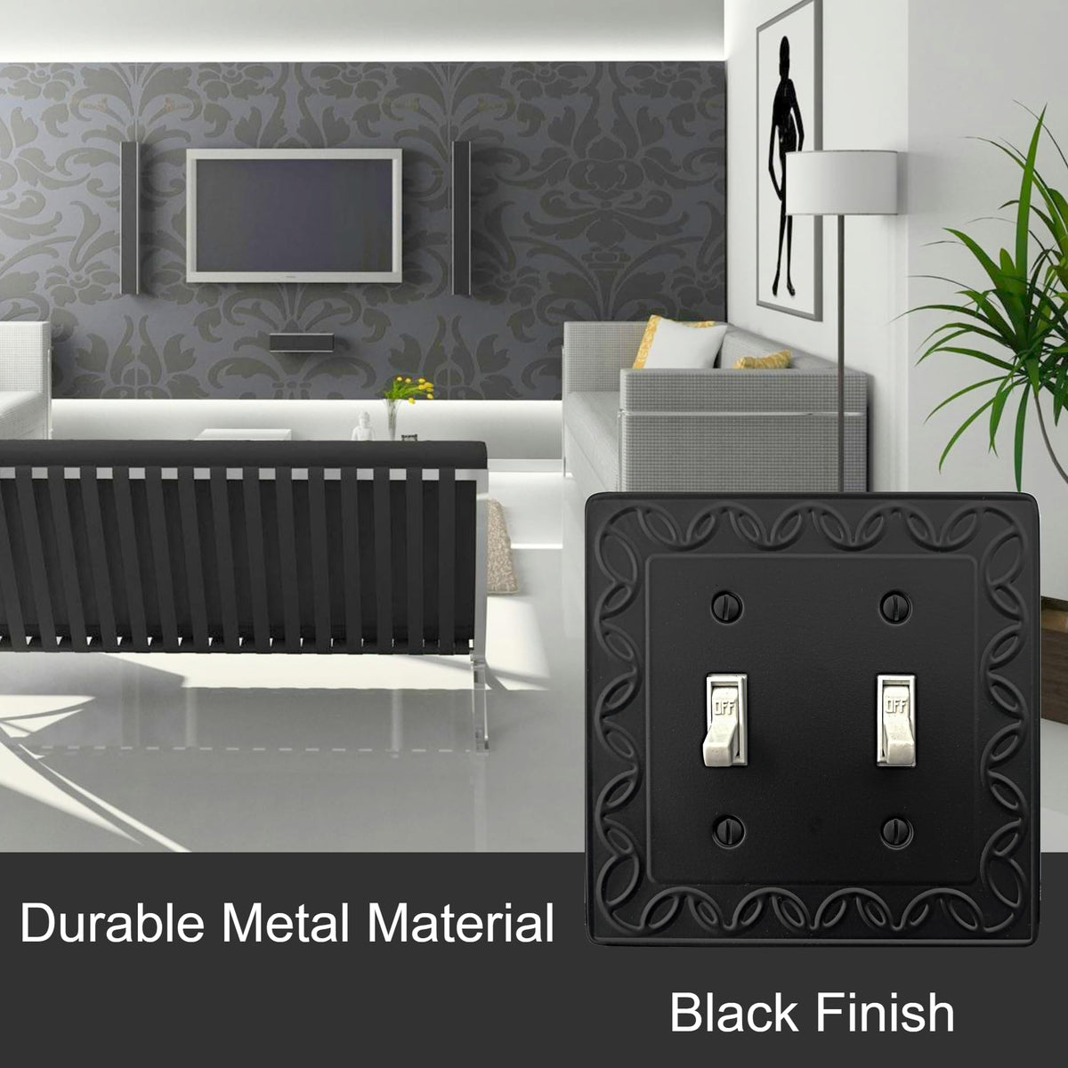OKAWYC Double Toggle Light Switch Cover NovaBloom Metal Wall Plate, 2-Pack Black 2 Gang, Light Switch Cover Decorative Wallplate, Durable