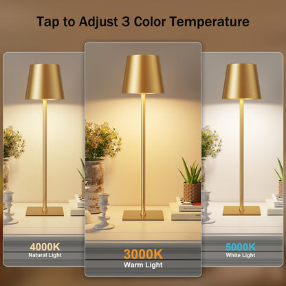 Gold Cordless Rechargeable Table Lamp, 2 Pack Portable Desk Lamp with 5000mAh Battery, Touch Control Stepless Dimming, Wireless Night Light for Dining, Outdoor Camping, Coffee Shop, Water Repellent