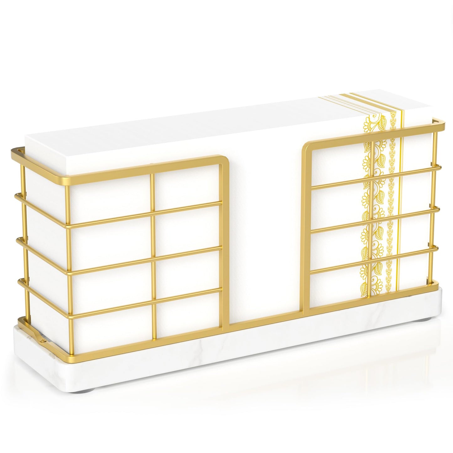 Wican Marble Vertical Stance Bathroom Napkin Holder Takes Up Less Space for Small Guest Bathroom Towel Tray for Powder Room Table Wooden Basket for Disposable Paper Hand Towels Gold and Marble White