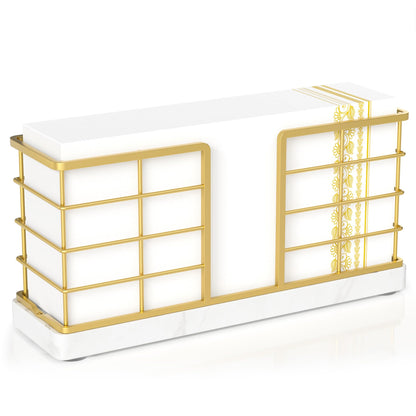 Wican Marble Vertical Stance Bathroom Napkin Holder Takes Up Less Space for Small Guest Bathroom Towel Tray for Powder Room Table Wooden Basket for Disposable Paper Hand Towels Gold and Marble White