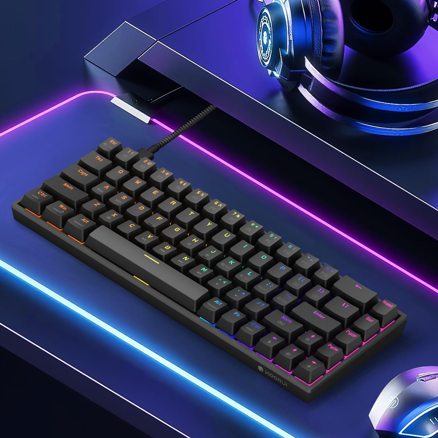 KOORUI 60% Mechanical Gaming Keyboard, Mixed Colors LED Backlit Ultra-Compact 68 Keys, Mini Wired Keyboard with Red Switch for Windows Laptop PC/Mac OS/Xbox
