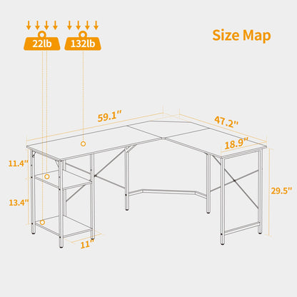 CubiCubi L Shaped Desk, 59.1 Inch Reversible Corner Desk with Storage Shelves, Home Office Desk for Writing Gaming Study, Black