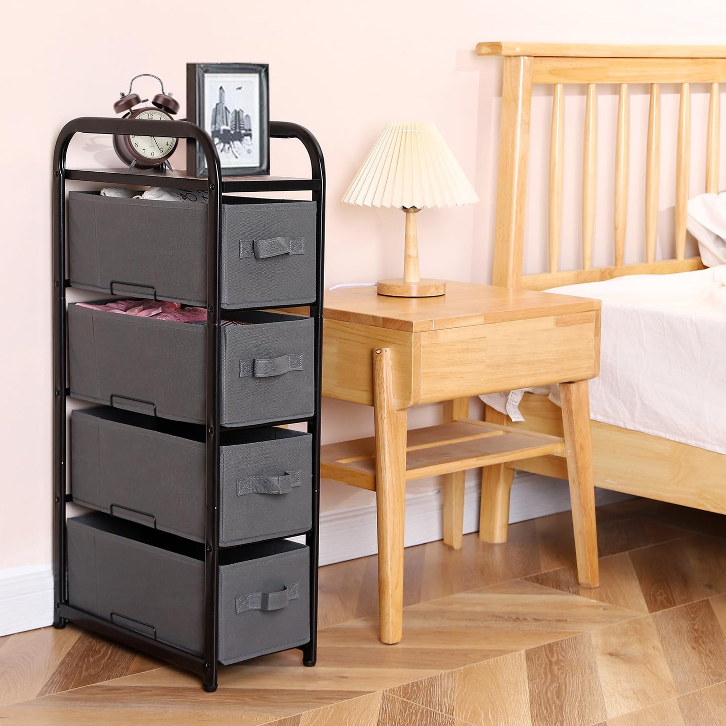 MAX Houser 4 Drawer Narrow Dresser Fabric Storage Tower Vertical Slim Storage Chest Organizer Nightstand Side/End Table Small Standing Organizer Removable Drawers Wood Top for Bedroom, Bathroom（Grey