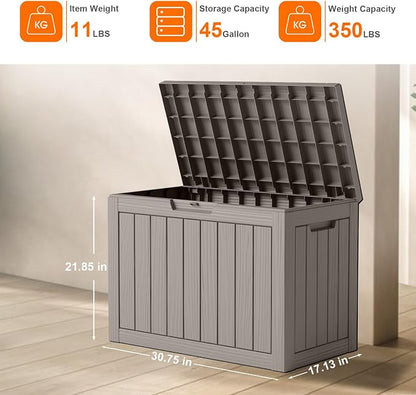 Vixzen 45 Gallon Waterproof Large Deck Box, Lockable Resin Outdoor Storage Box with Hydraulic Lid, Durable Storage Bin for Patio Furniture Cushions, Garden Tools, Pool Accessories, Grey