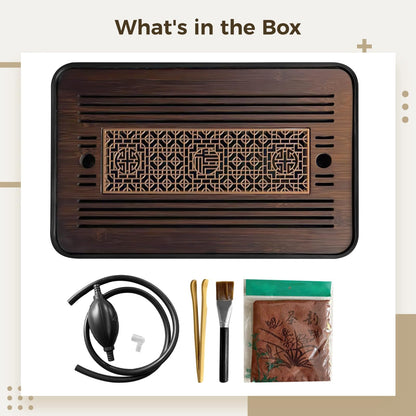 5 PCS Wooden Tea Tray Set, Tea Serving Tray with Accessories, Kungfu Tea Tray Set, Tea Serving Tray Drain & Store Water for Home Office, Includes Cleaning Brush, Silicone Hose, Tea Cloth, Tea Tongs