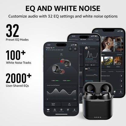TOZO T6 Wireless Earbuds, Bluetooth Ear Buds, Stereo Sound in Ear Headphones, 50 Hours Playtime, AI Clear Call, Wireless Charging Case, APP Customizable EQs, IPX8 Waterproof Earphones