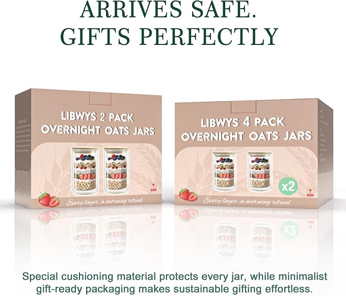 LIBWYS 4 Pack Overnight Oats Containers with Bamboo & Stainless Steel Lids, 15oz Meal Prep Jars - Double Walled High Borosilicate Glass jars for Overnight Oats, Chia Pudding， Salad