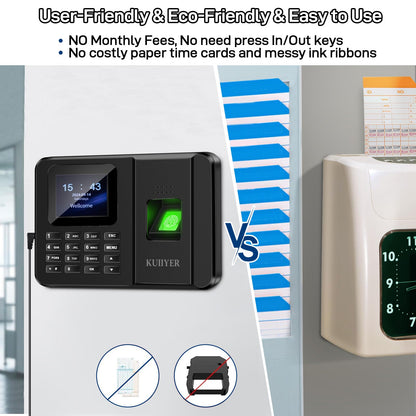 KUIIYER 2 in 1 Employees Time Clocks for Small Business (Fingerprint + Password) Employee Clock in & Out Machine Biometric Attendance Punch Clock Recorder Tracker (No Monthly Fee)