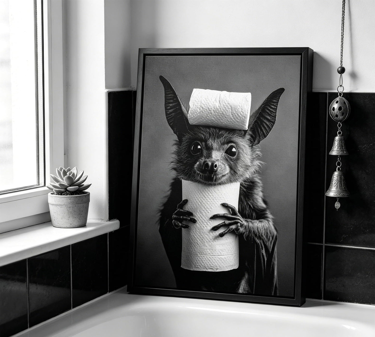Funny Bat Bathroom Framed Wall Art, Black and White Cute Bat with Toilet Paper Wall Decor, Humorous Animal Bathroom Canvas Print for Restroom, Powder Room, Toilet, Home Decoration 8x10 Inch