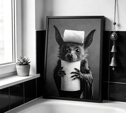 Funny Bat Bathroom Framed Wall Art, Black and White Cute Bat with Toilet Paper Wall Decor, Humorous Animal Bathroom Canvas Print for Restroom, Powder Room, Toilet, Home Decoration 8x10 Inch