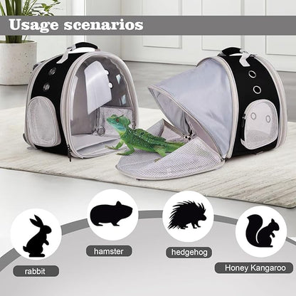 WEVONIGU Expandable Small Animal Backpack Carrier with Clear Bubble Window Large Space Travel Cage for Hedgehog Rat Parrot,Bearded Dragon,Sugar Glider,Airline Approved (Black, BE Backpack)
