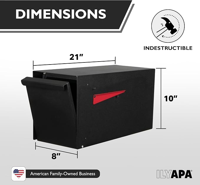 Ilyapa Indestructible Heavy Duty Modern Mailboxes for Outside Post Mount - 21x10x 8 Inch Large Mailbox, Black Heavy Gauge Metal Mail Box - Mail Boxes for House Outside, Rural, Residential or Curbside
