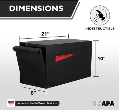 Ilyapa Indestructible Heavy Duty Modern Mailboxes for Outside Post Mount - 21x10x 8 Inch Large Mailbox, Black Heavy Gauge Metal Mail Box - Mail Boxes for House Outside, Rural, Residential or Curbside