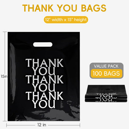 POPGIFTU Black Thank You Bags 12x15, 100 PCS Plastic Shopping Bags with Handles, Boutique Retail Bags for Small Business, Merchandise Gift Bags Bulk
