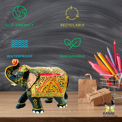 Handcrafted Wooden Elephant Figurine – Traditional Artwork, Gold & Gemstone Embellishments – Lucky Decorative Elephant Statue for Prosperity | Beautiful Elefantes Decorativos para Sala (Black & Gold)