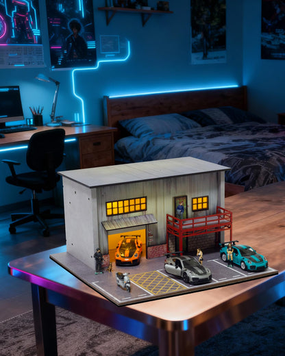 1/64 Scale Diecast Display Case, Wooden American Style Toy Car Garage Model with LED Light, 4-Parking Spaces Diorama Showcase for Hot Wheels and Matchbox Cars Storage