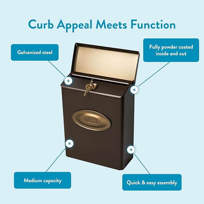 Architectural Mailboxes Designer Locking Wall Mount Mailbox, Bronze, Medium | Galvanized steel build with a concealed lock and key drop box and weather-resistant outdoor construction.