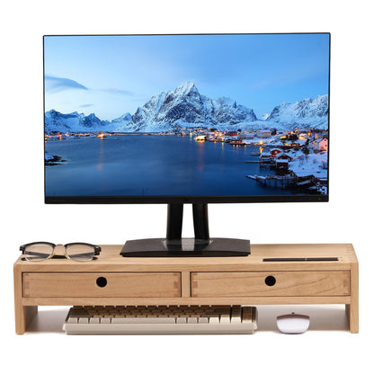 KIRIGEN Wood Monitor Stand with 2 Drawers, Solid Wood Computer Monitor Riser for Desk, Desktop Organizer Shelf with Cable Management, Pen Slots, Natural, No Assembly PMJ-NA