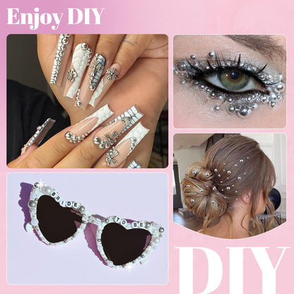 11000Pcs Flatback Pearls for Crafting(Silver), Assorted Size 2/3/4/5/6/8/10mm Half Pearl with 3Pcs 10ml B7000 Jewelry Glue, Bedazzling Bead for Crafts Clothing Tumblers Shoes Embellishment Nail Art