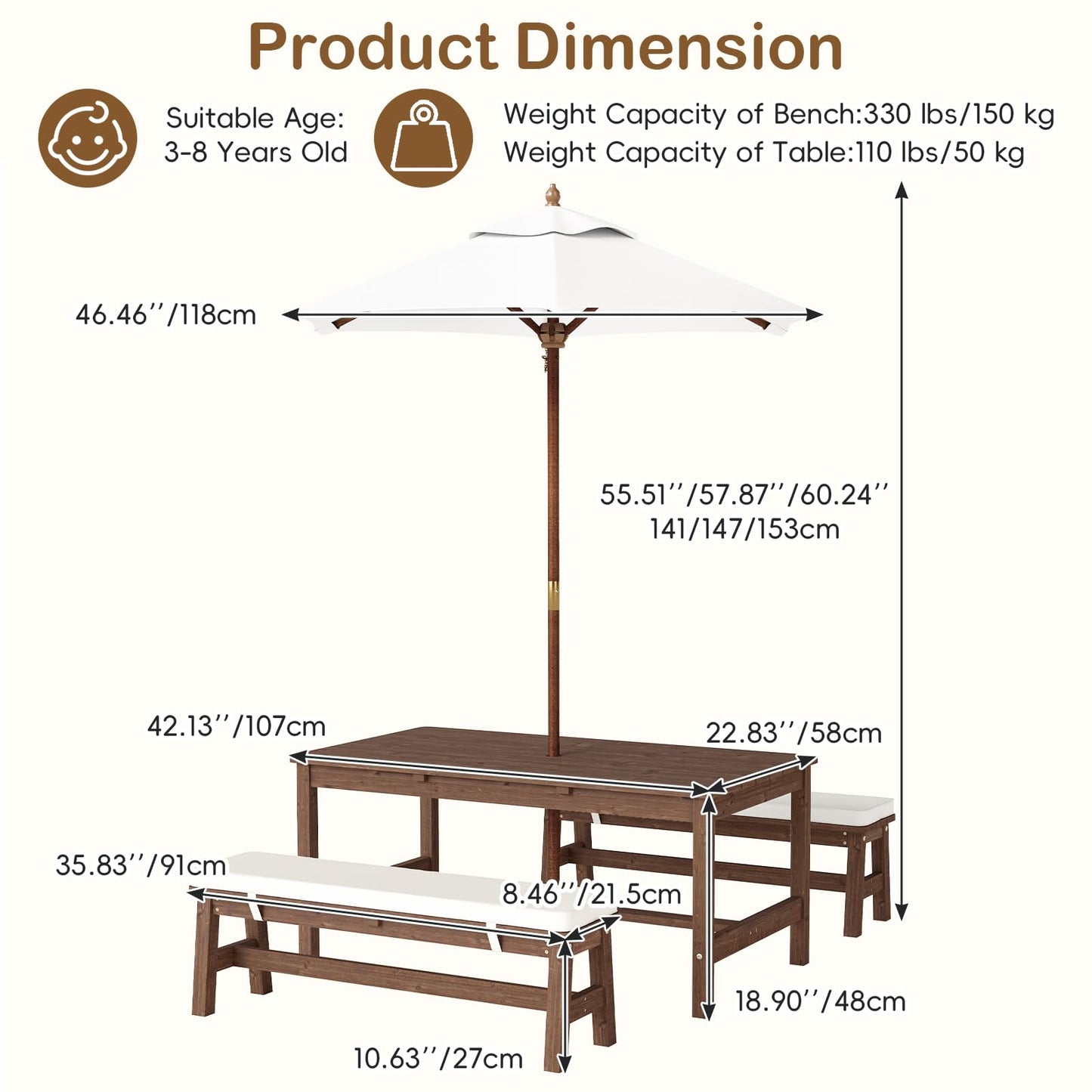 Olakids Kids Picnic Table, Outdoor Wooden Bench Set with Removable Cushions Adjustable Foldable Umbrella, Toddler Backyard Furniture for Patio Garden
