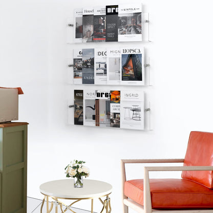 XOHYW Clear Acrylic Brochure Holder Wall Mount 3 Tier, Hanging Bookshelf Magazine Rack Literature Storage Rack for Waiting Room, Living Room, Office, Home Display