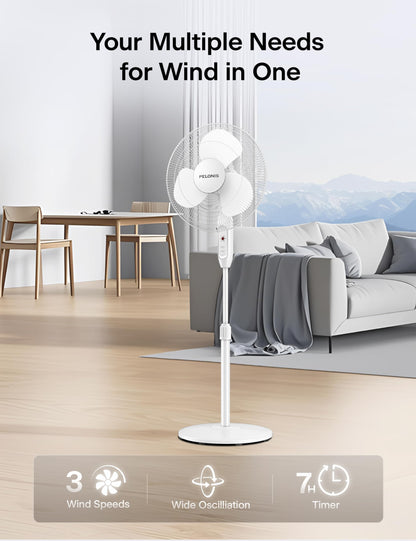 PELONIS 16'' Pedestal Fan for Bedoom with Remote, Upgraded, Standing Fan with 7-Hour Timer, 90° Oscillation, 3-Speeds, Adjustable Height, Electric Cooling Fans for Living Room and Office