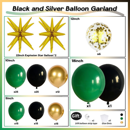 Dark Green and Black Balloon Arch Kit with Explosion Star Balloons, 123pcs Emerald Green and Confetti Gold Balloon Garland for Birthday Anniversary Bachelorette Grad Father's Day Party Decorations