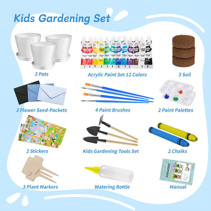Kids Gardening Set Paint and Plant Flower Gardening Kit with 3 Pots, Kids Garden Flower Growing Kit Arts and Crafts Toys Gifts for Girls Boys Children Toys Gift for Girls Boys Ages 5 6 7 8 9 10 11 12