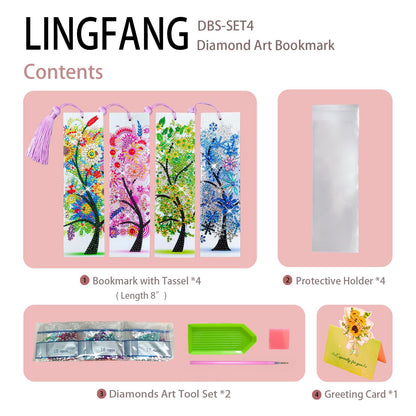 4 Pcs LINGFANG Diamond Painting Bookmark, Leather DIY Book Makers for Adults Book Lovers, Diamond Art Beginners, Small Diamond Art Kits, Paint by Art Crafts Supplies Gift for Girls (Season Tree)